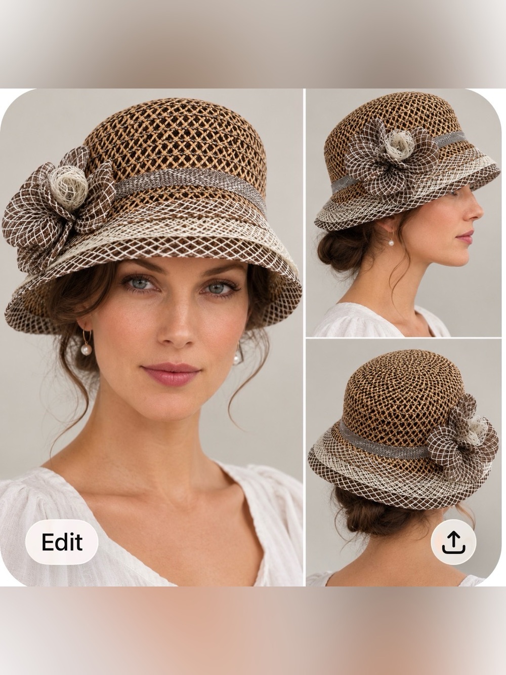 Woven Straw Cloche Hat in Brown and Cream